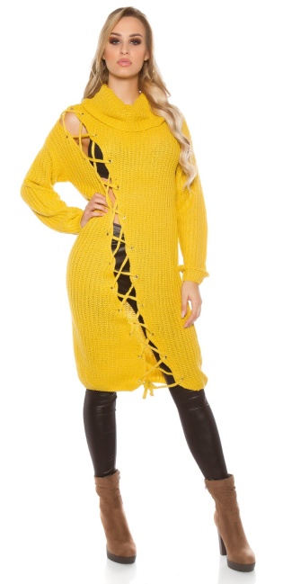 Trendy grof gebreide jurk met xl kraag mosterdgeel